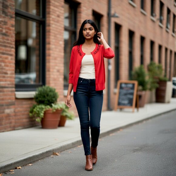 BF SALE Kate Spade Red Jeweled Embellished Cardigan Sweater - M - Picture 1 of 6